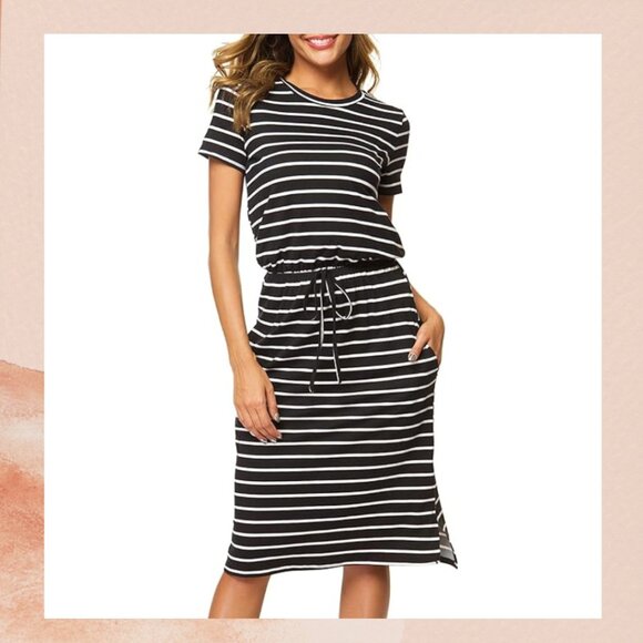 Black & White Striped Soft Knit Short Sleeve Midi Dress - Picture 1 of 6